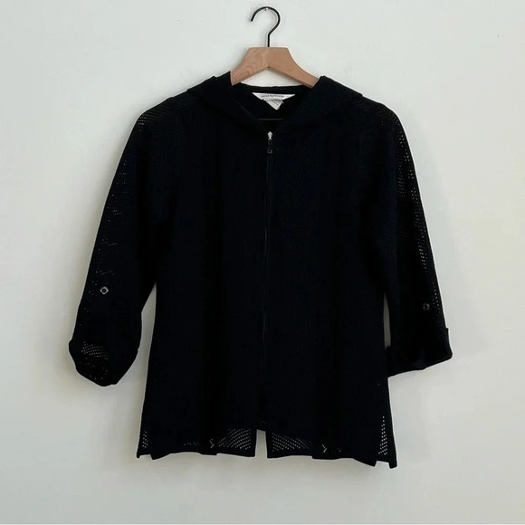 MISOOK Mesh Perforated Zip Up Hooded Jacket XS Black 3/4 Sleeve tab acrylic knit - Picture 1 of 12